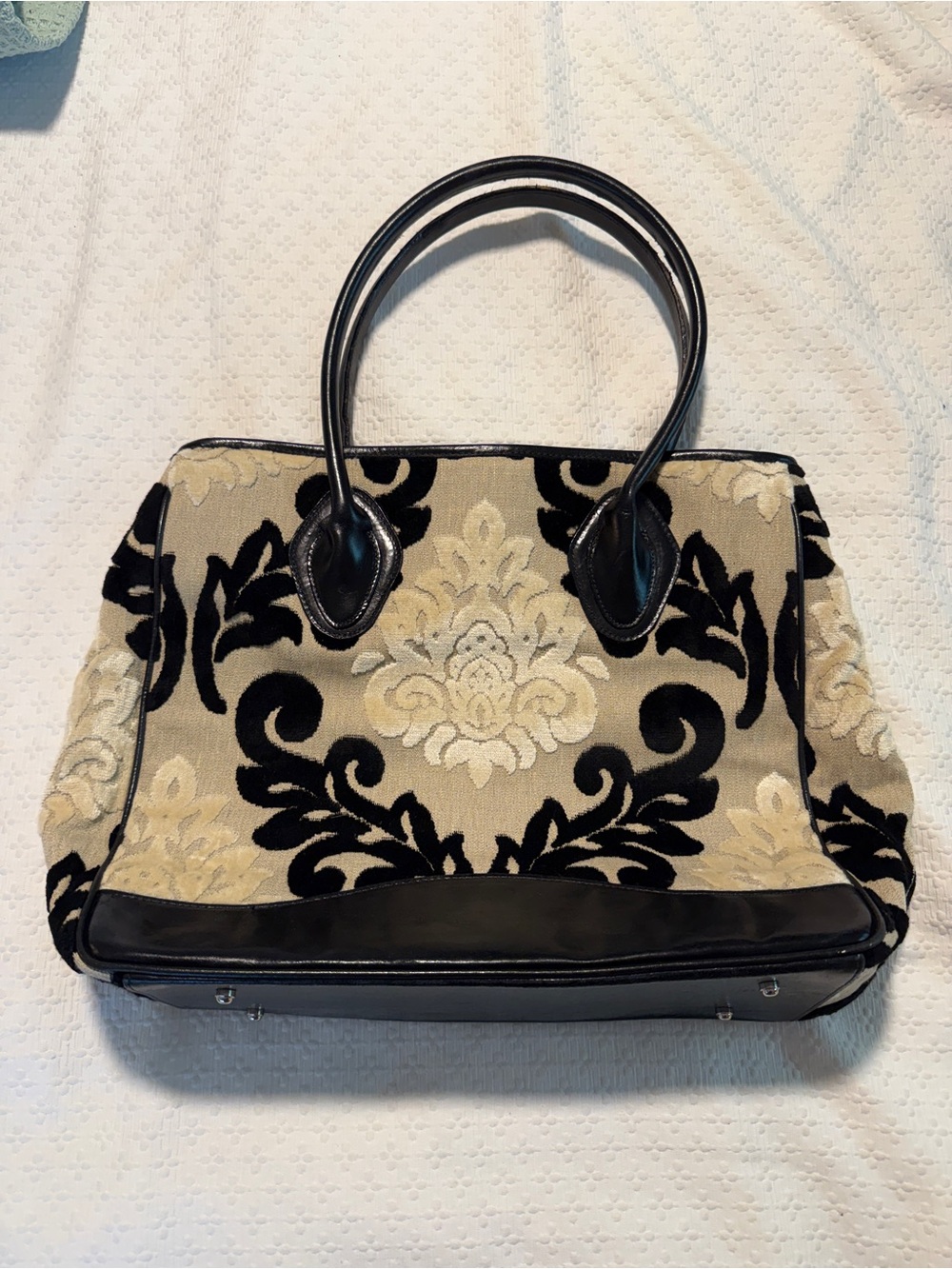 Glenda Gies Black Cream Chenille Leather Tote